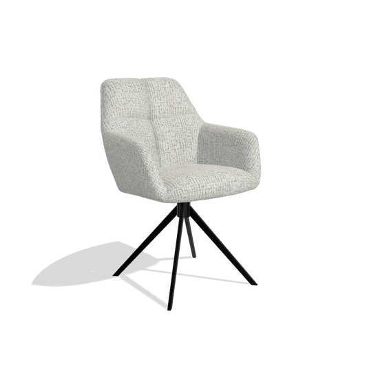 Chaise de salle à manger Terano 6565 en tissu Horta 186 (gris clair), pied pivotant en noir, vue de trois-quarts