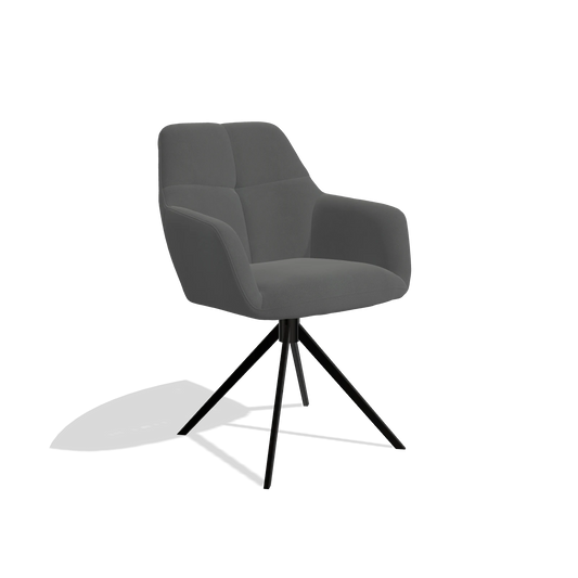 Silla de comedor Terano 6565 en Piel B502 (gris oscuro), base giratoria en negro, vista en ángulo