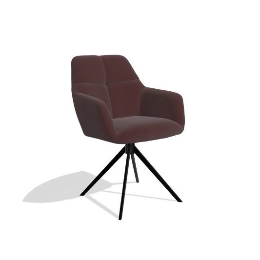 Silla de comedor Terano 6565 en Piel B938 (chocolate), base giratoria en negro, vista en ángulo