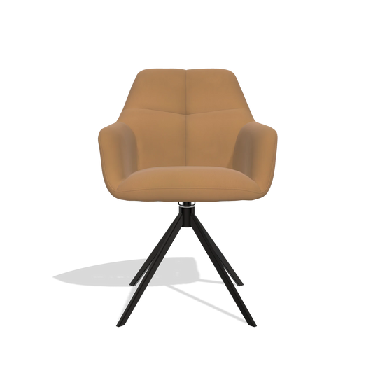 Silla de comedor Terano 6565 en Piel B947 (caramelo), base giratoria en negro, vista frontal