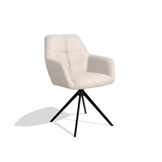 Silla de comedor Terano 6565 en tela Venga 102 (gris claro), base giratoria en negro, vista en ángulo