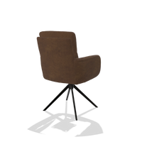 Chaise de salle à manger avec accoudoirs Toby 6718 en tissu Adore 28 (chocolat), pied pivotant en noir, vue de trois-quarts arrière