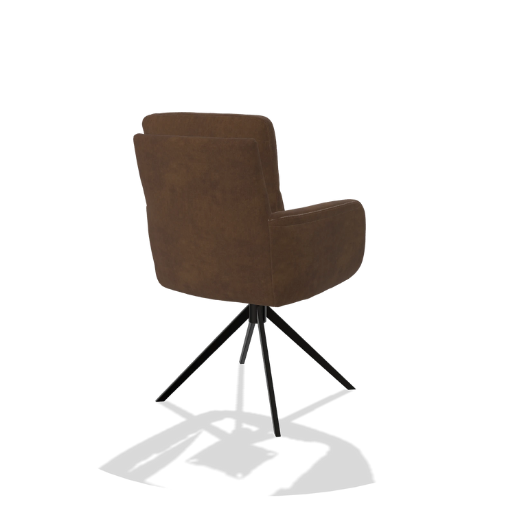 Chaise de salle à manger avec accoudoirs Toby 6718 en tissu Adore 28 (chocolat), pied pivotant en noir, vue de trois-quarts arrière