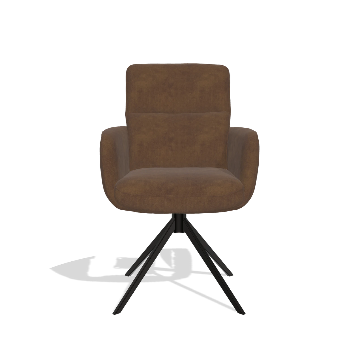 Chaise de salle à manger avec accoudoirs Toby 6718 en tissu Adore 28 (chocolat), pied pivotant en noir, vue de face