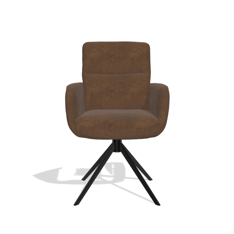 Chaise de salle à manger avec accoudoirs Toby 6718 en tissu Adore 28 (chocolat), pied pivotant en noir, vue de face