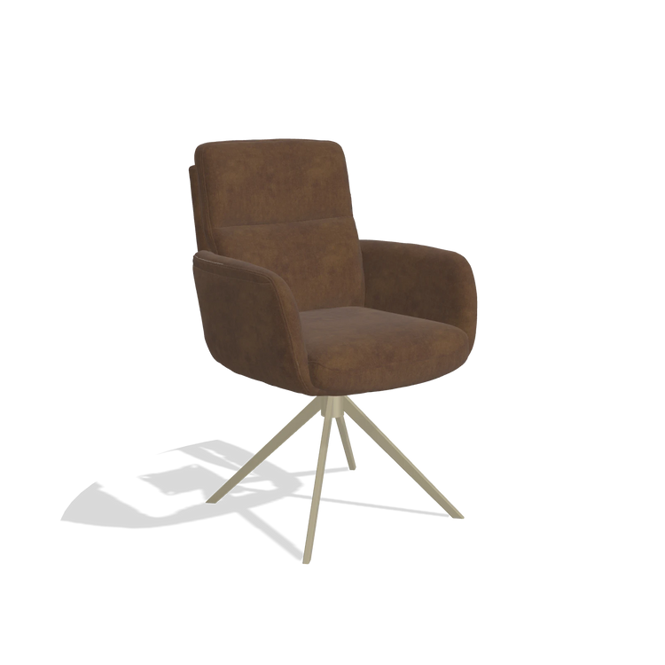 Chaise de salle à manger avec accoudoirs Toby 6718 en tissu Adore 28 (chocolat), pied pivotant en champagne, vue de trois-quarts