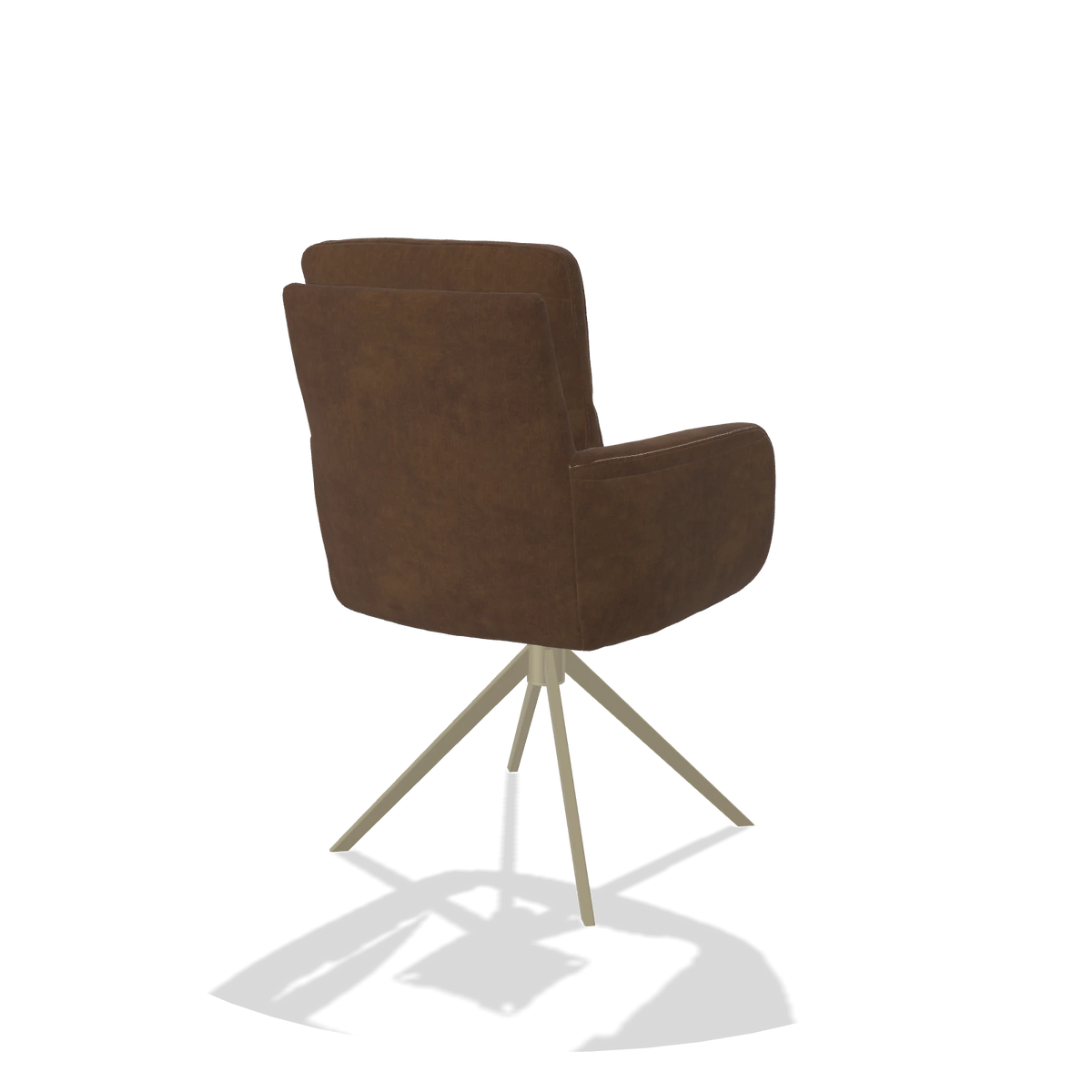 Chaise de salle à manger avec accoudoirs Toby 6718 en tissu Adore 28 (chocolat), pied pivotant en champagne, vue de trois-quarts arrière