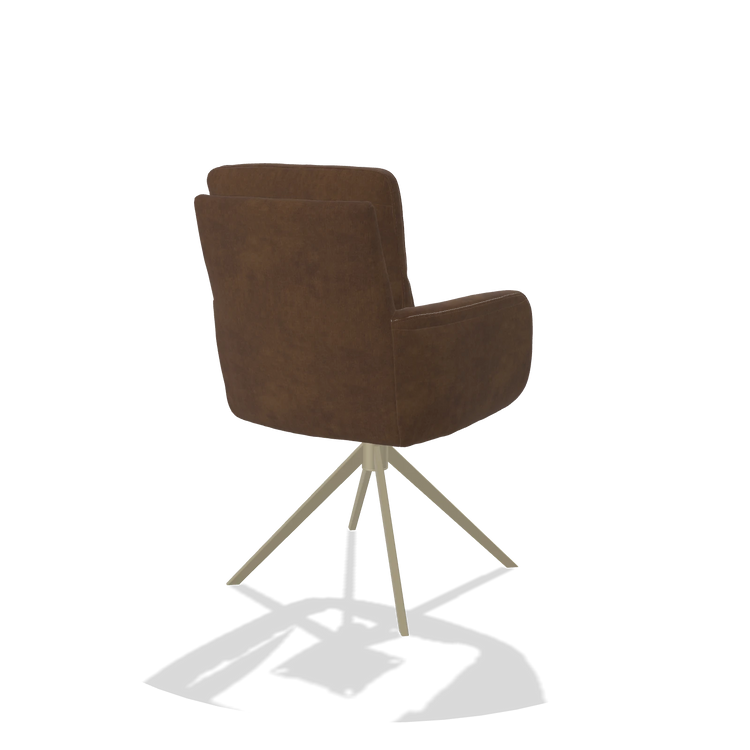 Chaise de salle à manger avec accoudoirs Toby 6718 en tissu Adore 28 (chocolat), pied pivotant en champagne, vue de trois-quarts arrière