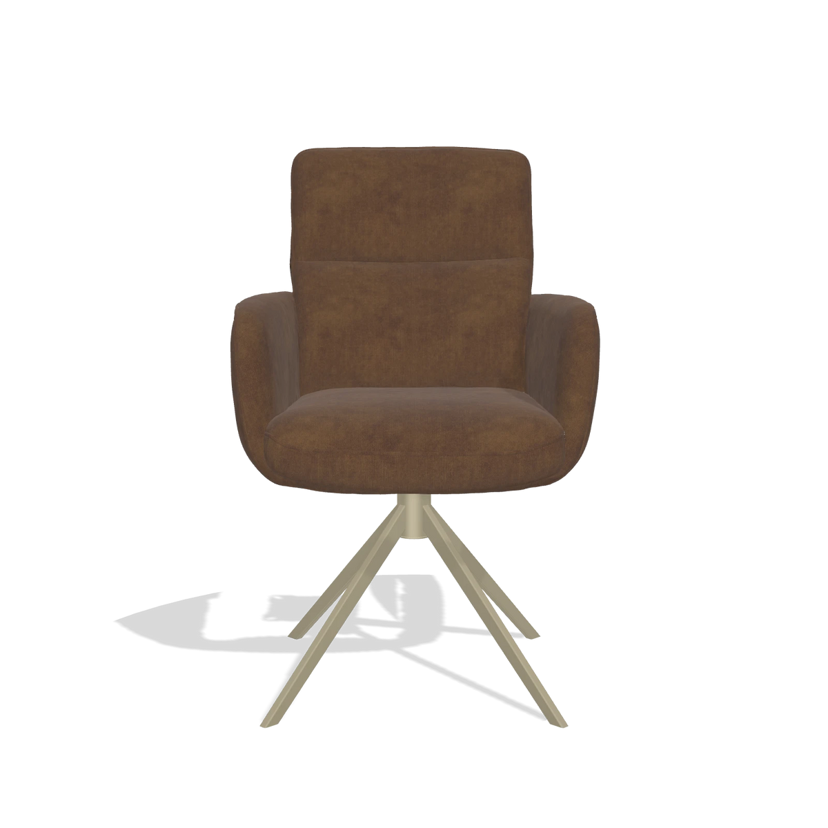 Chaise de salle à manger avec accoudoirs Toby 6718 en tissu Adore 28 (chocolat), pied pivotant en champagne, vue de face