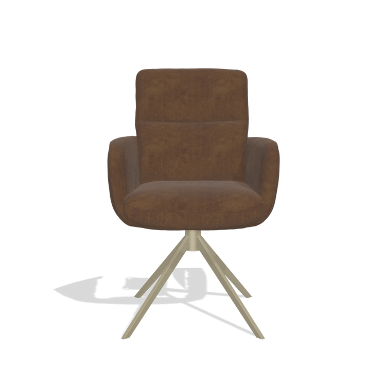 Chaise de salle à manger avec accoudoirs Toby 6718 en tissu Adore 28 (chocolat), pied pivotant en champagne, vue de face