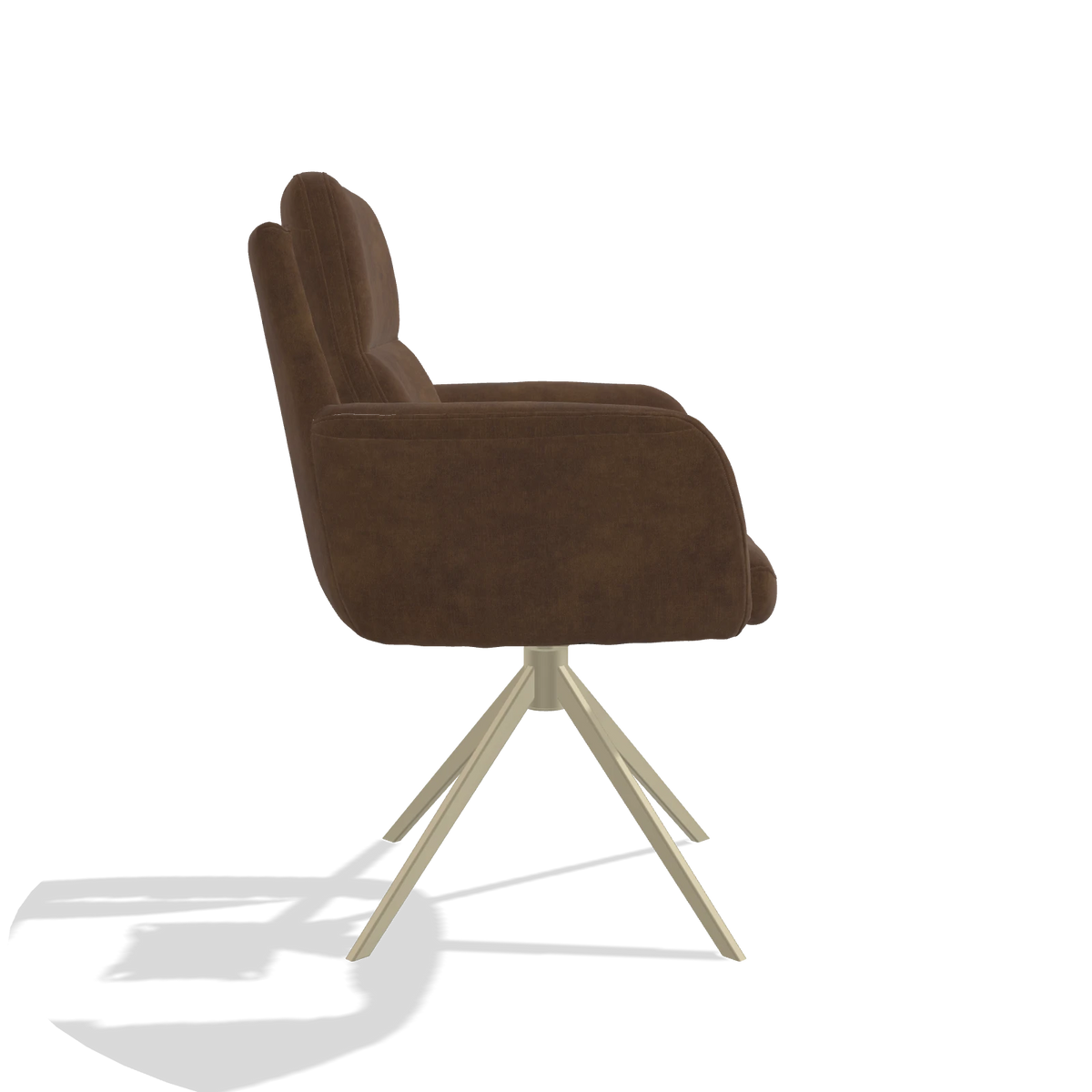 Chaise de salle à manger avec accoudoirs Toby 6718 en tissu Adore 28 (chocolat), pied pivotant en champagne, vue de profil