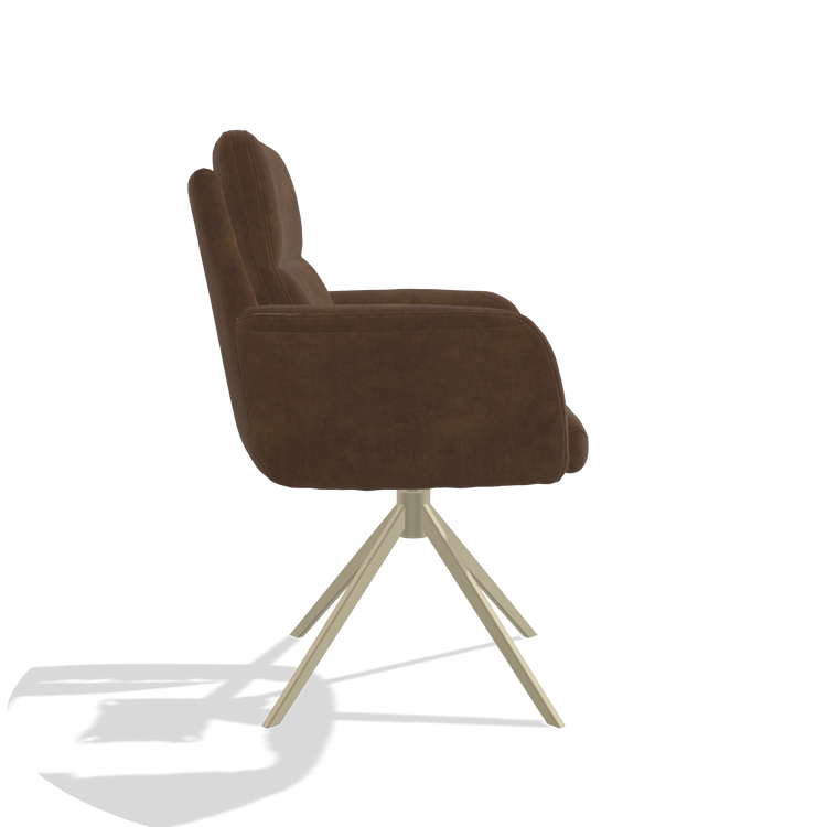 Chaise de salle à manger avec accoudoirs Toby 6718 en tissu Adore 28 (chocolat), pied pivotant en champagne, vue de profil