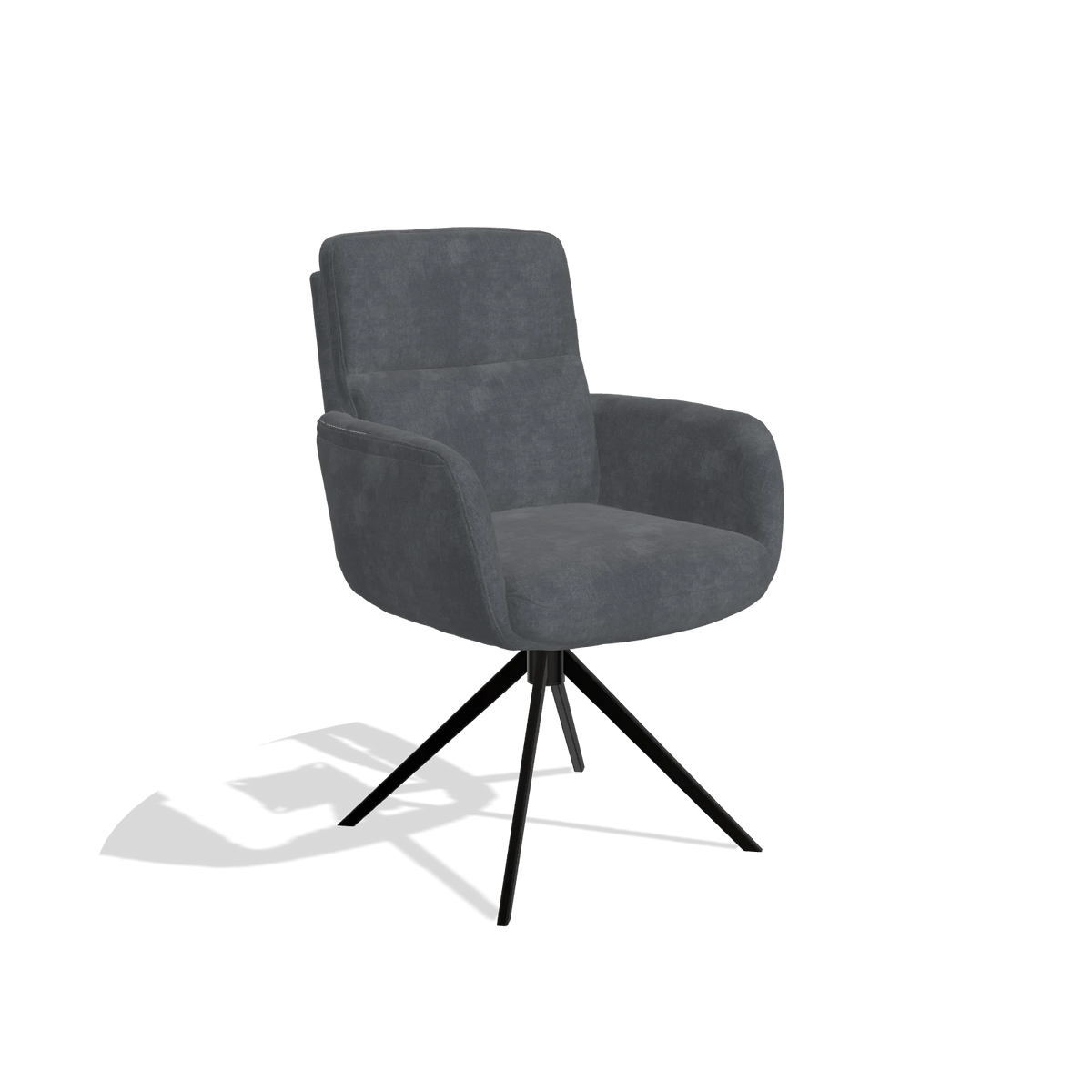 Silla de comedor con reposabrazos Toby 6718 en tela Adore 56 (antracita), base giratoria en negro, vista en ángulo