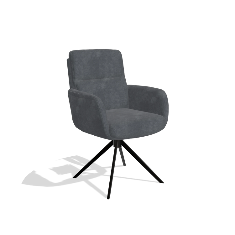 Silla de comedor con reposabrazos Toby 6718 en tela Adore 56 (antracita), base giratoria en negro, vista en ángulo