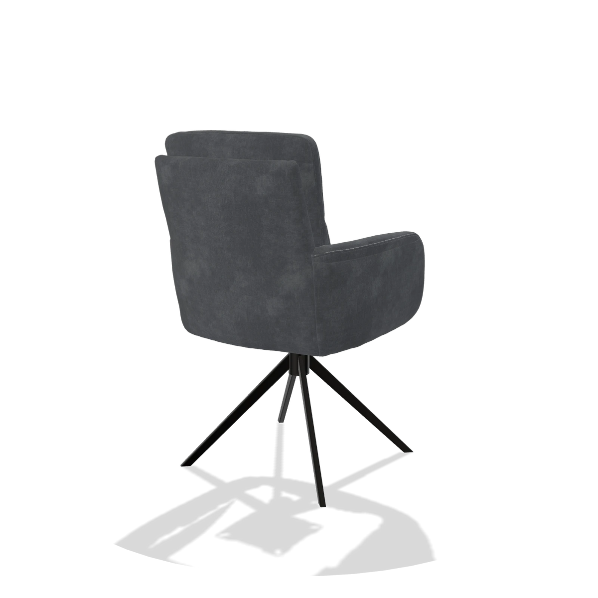 Silla de comedor con reposabrazos Toby 6718 en tela Adore 56 (antracita), base giratoria en negro, vista trasera en ángulo