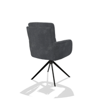 Silla de comedor con reposabrazos Toby 6718 en tela Adore 56 (antracita), base giratoria en negro, vista trasera en ángulo