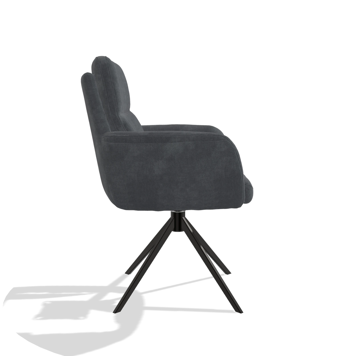 Silla de comedor con reposabrazos Toby 6718 en tela Adore 56 (antracita), base giratoria en negro, vista lateral
