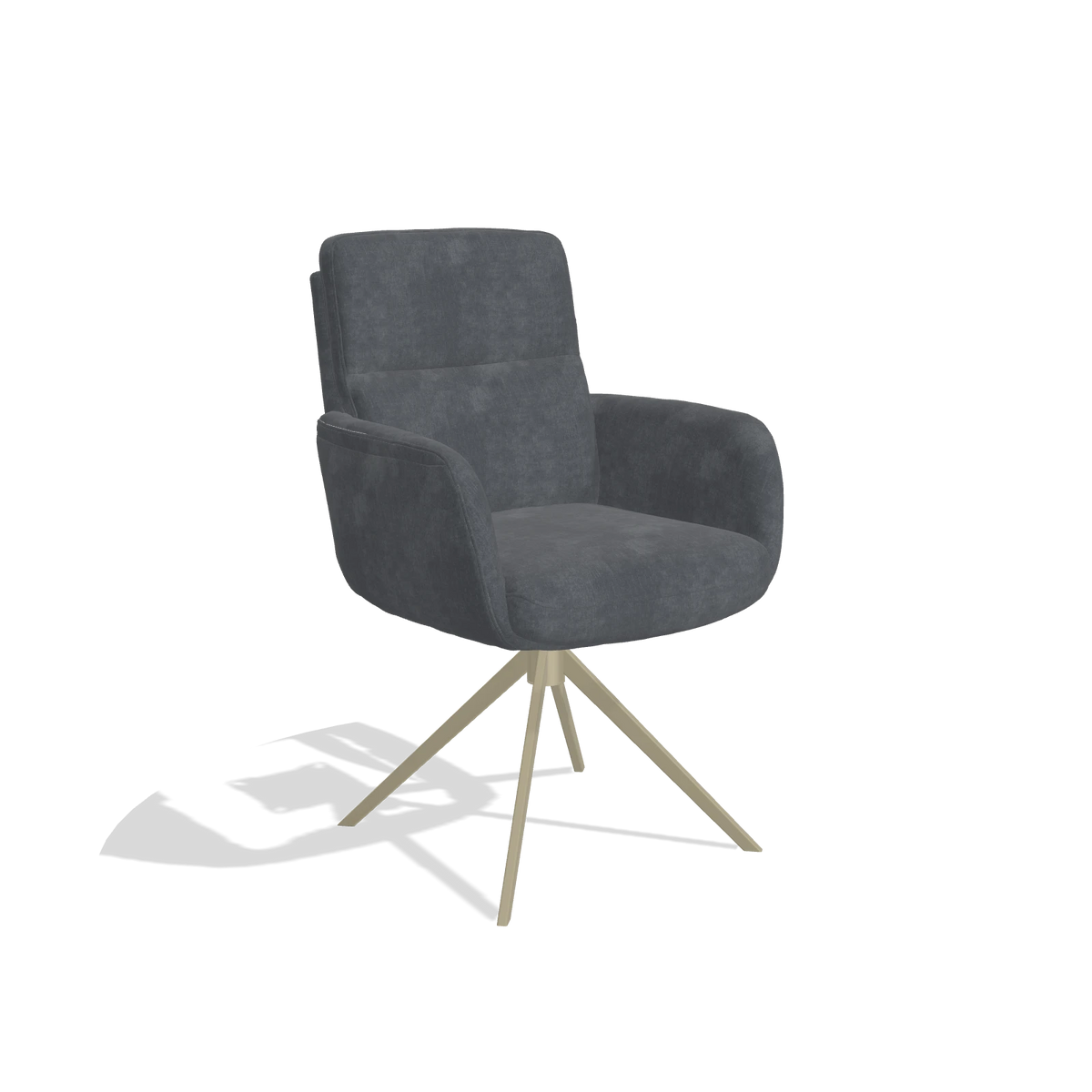 Silla de comedor con reposabrazos Toby 6718 en tela Adore 56 (antracita), base giratoria en champán, vista en ángulo