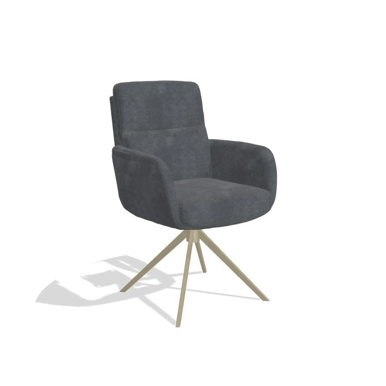 Silla de comedor con reposabrazos Toby 6718 en tela Adore 56 (antracita), base giratoria en champán, vista en ángulo