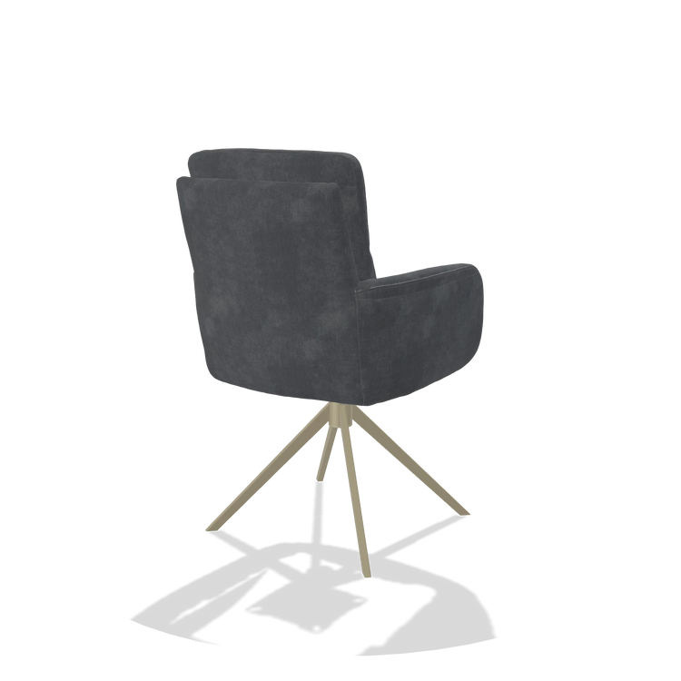 Silla de comedor con reposabrazos Toby 6718 en tela Adore 56 (antracita), base giratoria en champán, vista trasera en ángulo