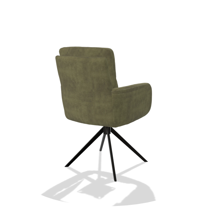 Silla de comedor con reposabrazos Toby 6718 en tela Adore 59 (oliva), base giratoria en negro, vista trasera en ángulo