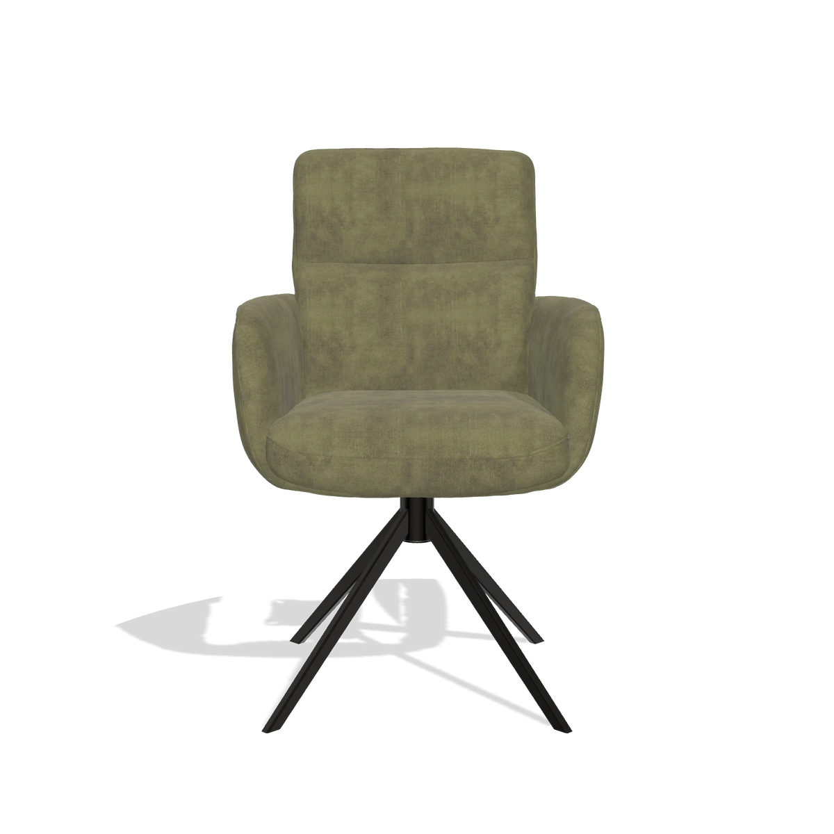 Silla de comedor con reposabrazos Toby 6718 en tela Adore 59 (oliva), base giratoria en negro, vista frontal