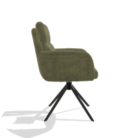 Silla de comedor con reposabrazos Toby 6718 en tela Adore 59 (oliva), base giratoria en negro, vista lateral