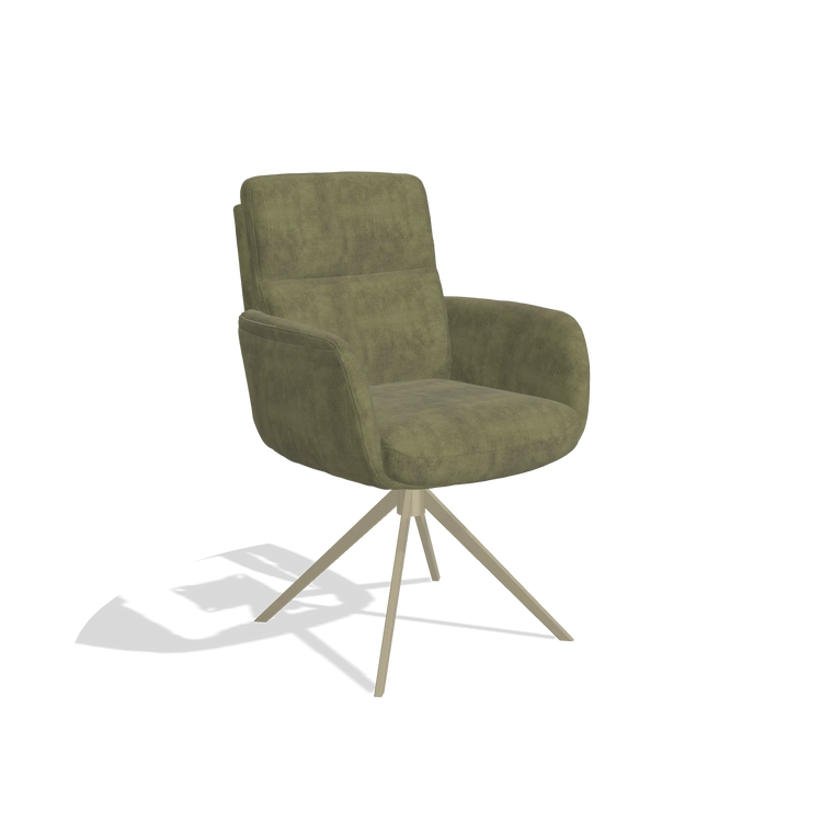 Silla de comedor con reposabrazos Toby 6718 en tela Adore 59 (oliva), base giratoria en champán, vista en ángulo