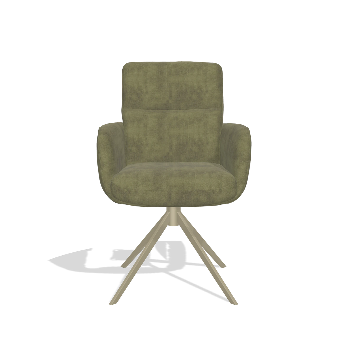 Silla de comedor con reposabrazos Toby 6718 en tela Adore 59 (oliva), base giratoria en champán, vista frontal