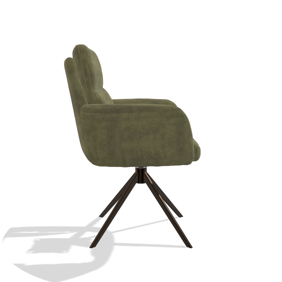 Silla de comedor con reposabrazos Toby 6718 en tela Adore 59 (oliva), base giratoria en espresso, vista lateral