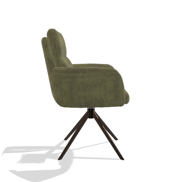 Silla de comedor con reposabrazos Toby 6718 en tela Adore 59 (oliva), base giratoria en espresso, vista lateral