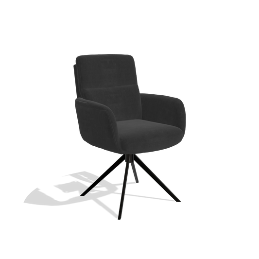 Esszimmerstuhl mit Armlehnen Toby 6718 in Stoff Adore 67 (Schwarz), Drehfuß in Schwarz, Schrägansicht