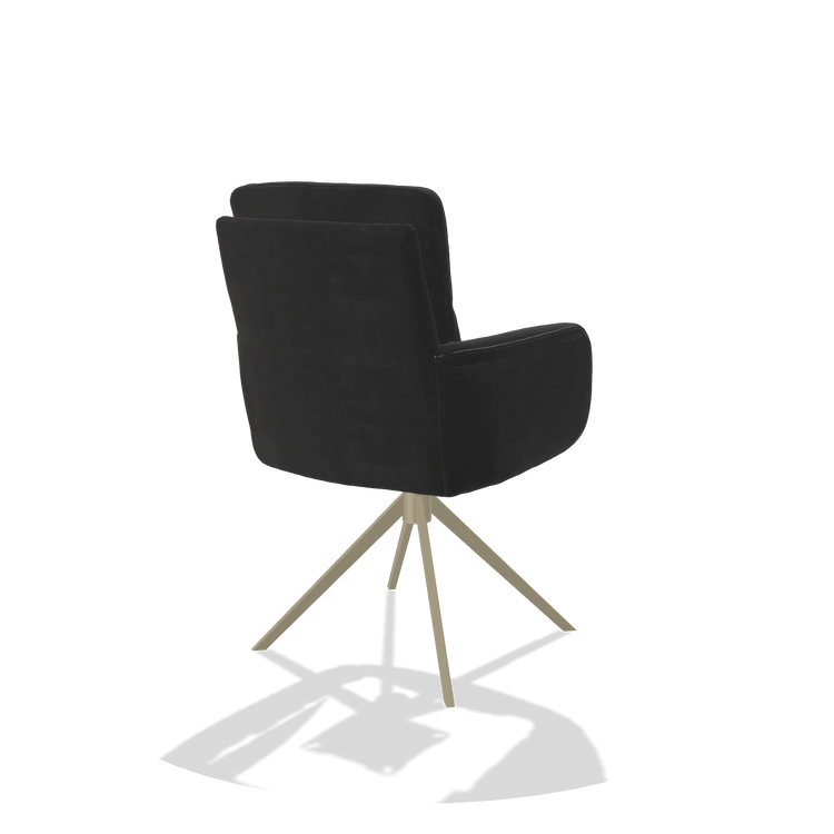 Esszimmerstuhl mit Armlehnen Toby 6718 in Stoff Adore 67 (Schwarz), Drehfuß in Champagner, Schrägansicht von hinten
