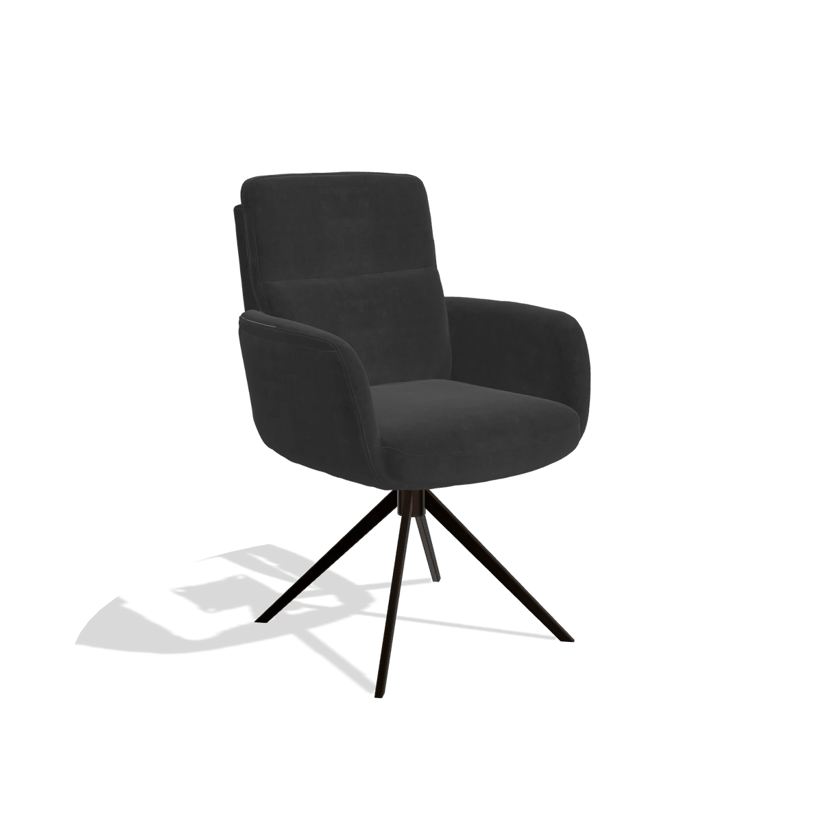 Esszimmerstuhl mit Armlehnen Toby 6718 in Stoff Adore 67 (Schwarz), Drehfuß in Espresso, Schrägansicht
