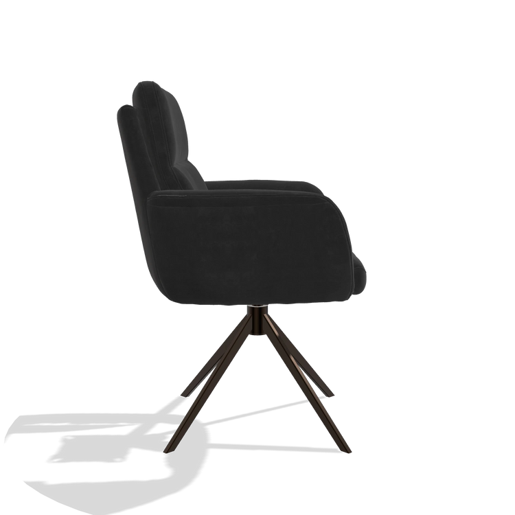 Esszimmerstuhl mit Armlehnen Toby 6718 in Stoff Adore 67 (Schwarz), Drehfuß in Espresso, Seitenansicht
