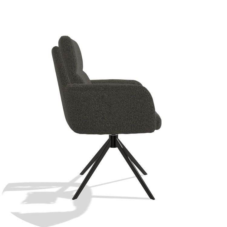 Dining Chair with Armrests Toby 6718 in Ascot Mouse fabric (chocolate), black swivel base, side view
