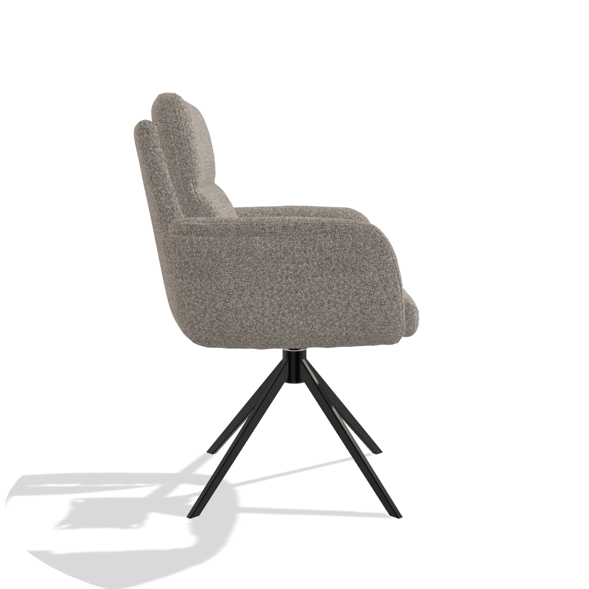 Dining Chair with Armrests Toby 6718 in Ascot Toffee fabric (grey), black swivel base, side view
