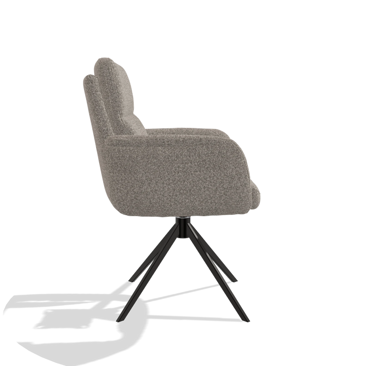 Dining Chair with Armrests Toby 6718 in Ascot Toffee fabric (grey), black swivel base, side view