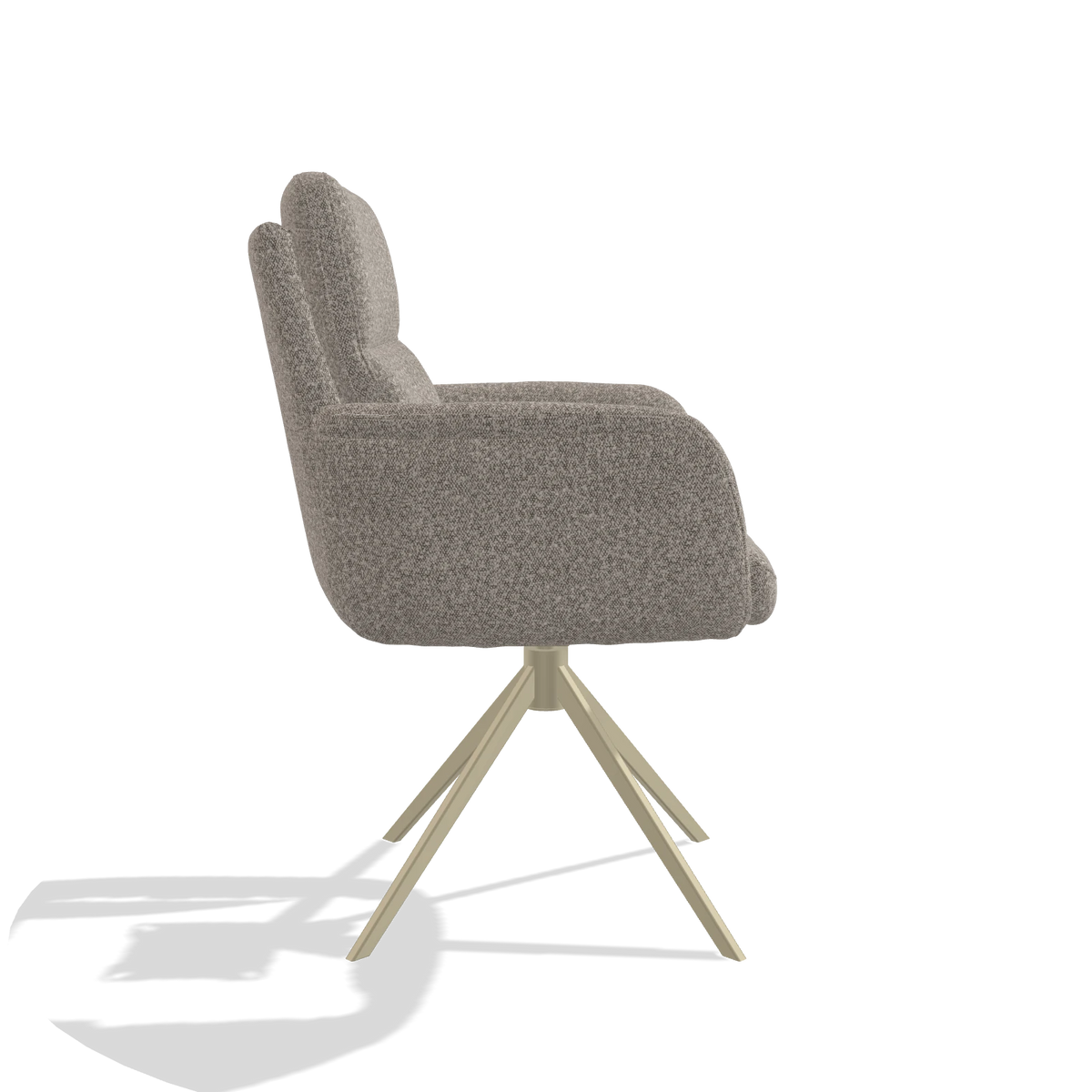 Dining Chair with Armrests Toby 6718 in Ascot Toffee fabric (grey), champagne swivel base, side view