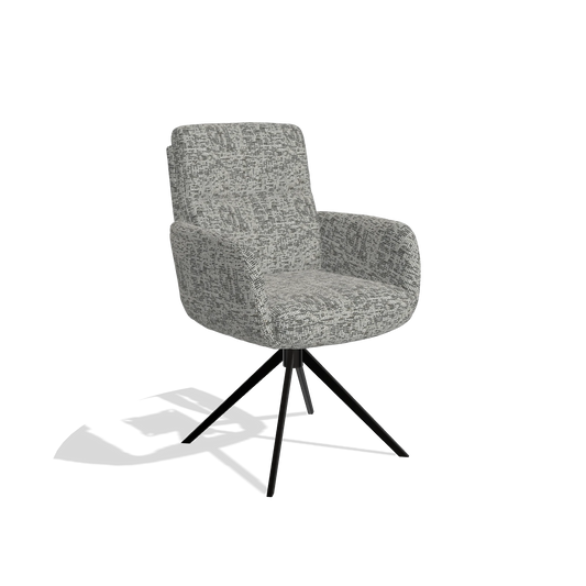 Dining Chair with Armrests Toby 6718 in Be Fine 45 fabric (taupe), black swivel base, angled view