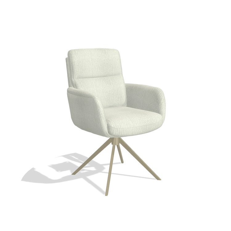 Dining Chair with Armrests Toby 6718 in Energy 101 fabric (light grey), champagne swivel base, angled view