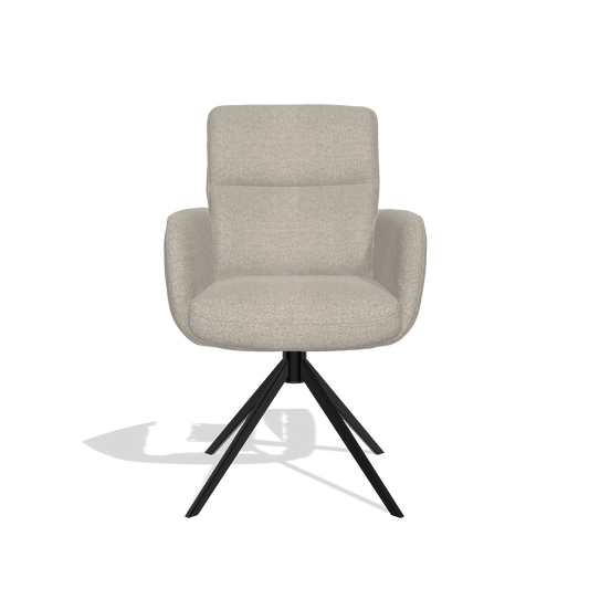 Silla de comedor con reposabrazos Toby 6718 en tela Glory 05 (greige), base giratoria en negro, vista frontal