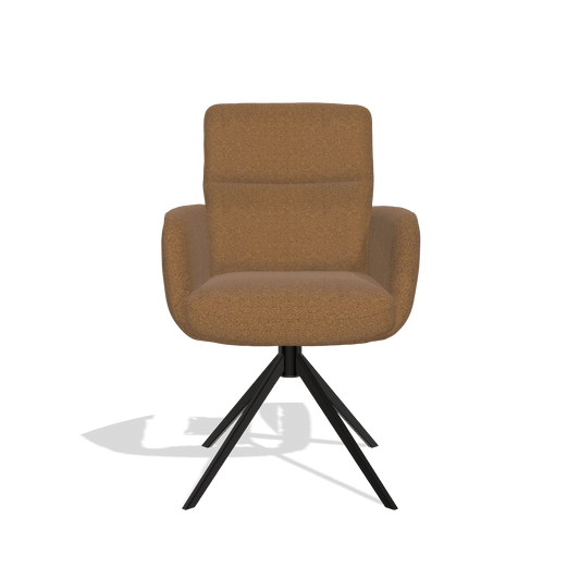 Silla de comedor con reposabrazos Toby 6718 en tela Glory 16 (marrón), base giratoria en negro, vista frontal