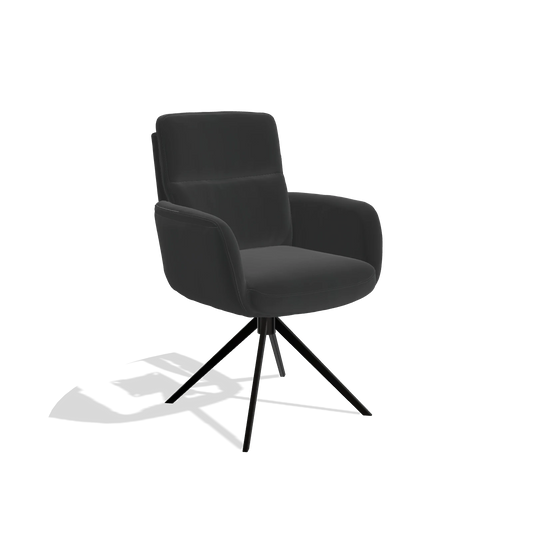 Silla de comedor con reposabrazos Toby 6718 en Piel A804 (negro), base giratoria en negro, vista en ángulo