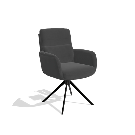 Sedia da pranzo con braccioli Toby 6718 in Pelle B905 (antracite), base girevole in nero, vista angolata
