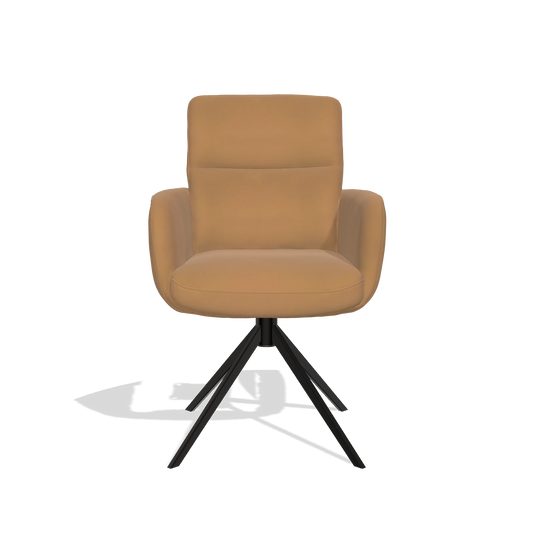 Sedia da pranzo con braccioli Toby 6718 in Pelle B947 (caramello), base girevole in nero, vista frontale