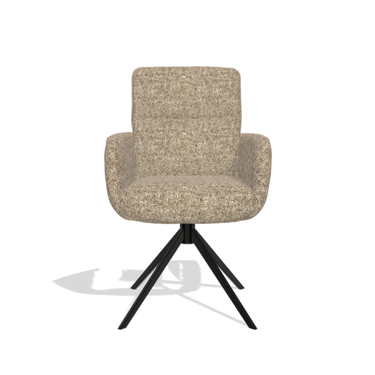 Silla de comedor con reposabrazos Toby 6718 en tela Oasis 176 (topo), base giratoria en negro, vista frontal