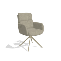 Dining Chair with Armrests Toby 6718 in Rhythm 10 fabric (sage), champagne swivel base, angled view