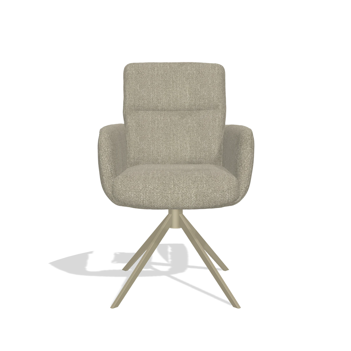 Dining Chair with Armrests Toby 6718 in Rhythm 10 fabric (sage), champagne swivel base, front view