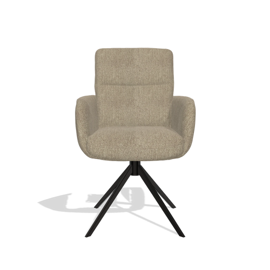 Silla de comedor con reposabrazos Toby 6718 en tela San Remo 101 (topo), base giratoria en negro, vista frontal